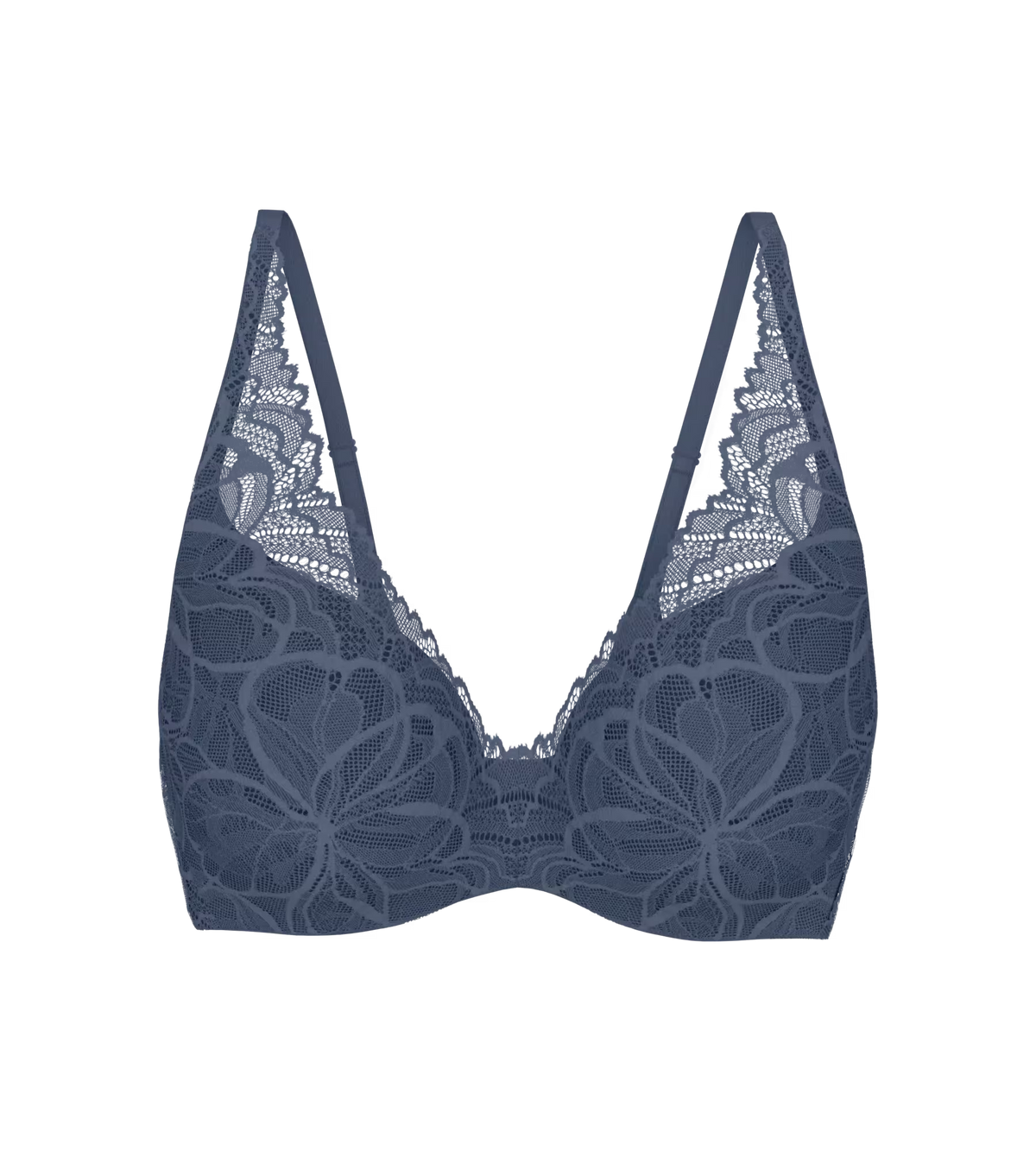 Triumph Body Make-Up Illusion Lace 787 i blå, blomstret blonder, justerbare stropper, bølgede kanter på hvid baggrund.