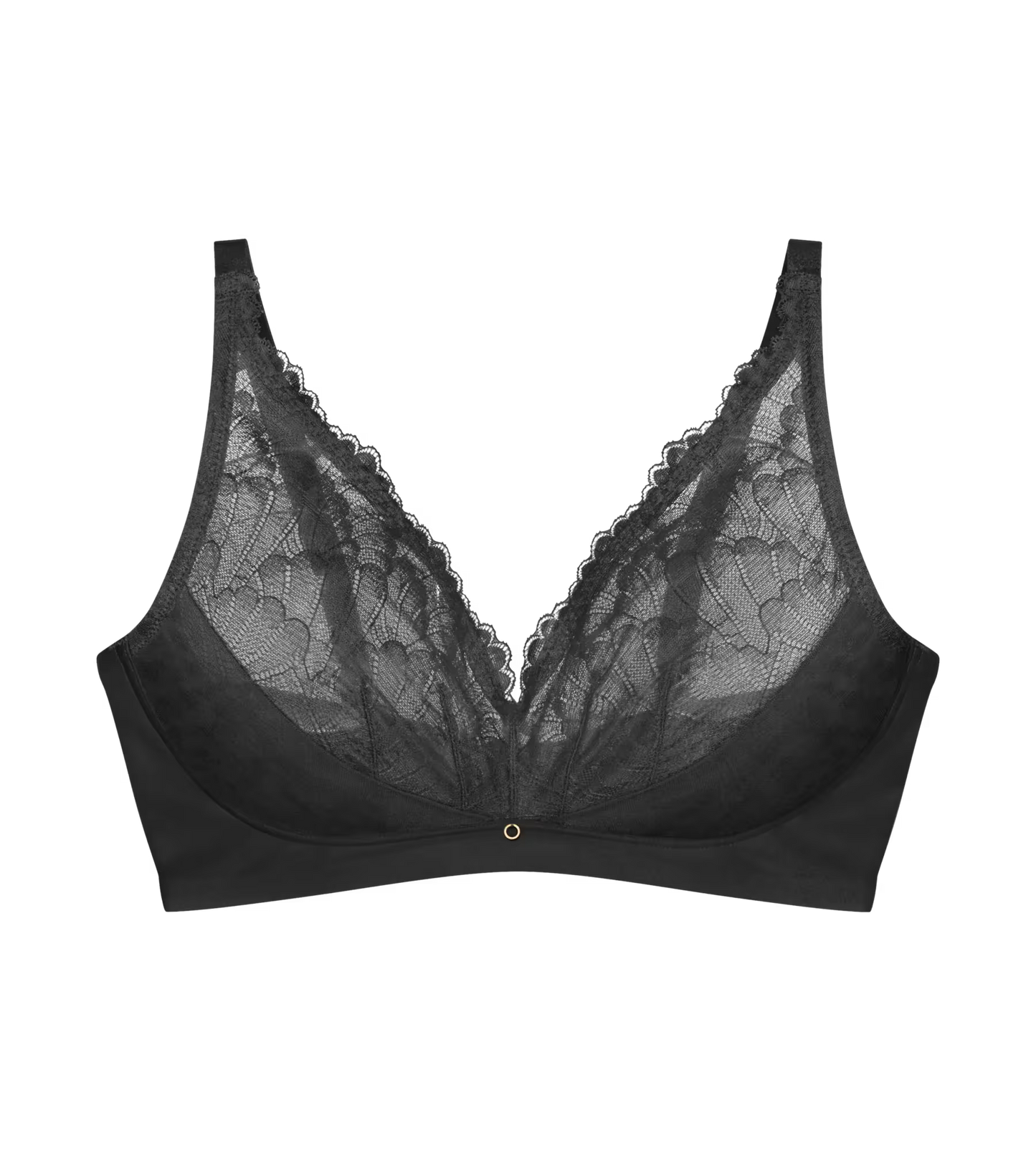 Triumph – Love In Lace 0004 Sort sort blonder-bralette med gennemsigtige blomstermønstrede skåle og ensfarvet underbånd på hvid baggrund.