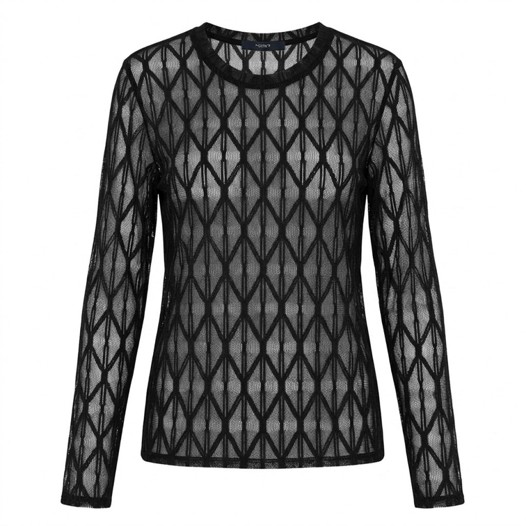 Sort langærmet 156420 | Luxzuz - Segberg Sort mesh-top med et gennemskinneligt geometrisk diamantmønster og rund halsudskæring.