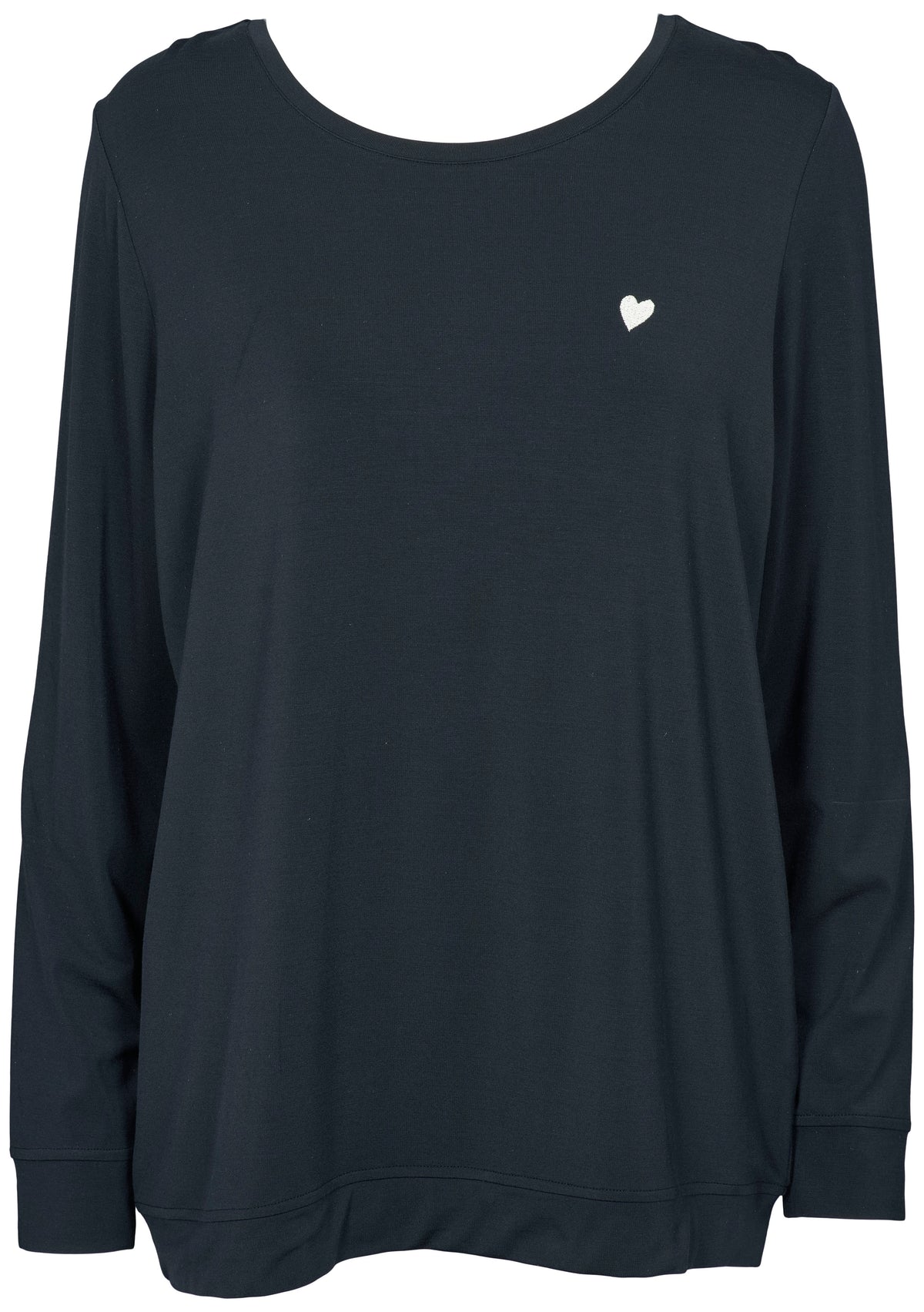 Missya Softness Blå: Sort langærmet T-shirt med rund hals, hvidt hjerte-logo øverst til venstre på brystet.
