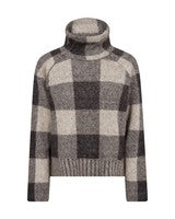 MOS MOSH Maija Sort: Grå og beige ternet rullekravesweater med lange ærmer og ribkant forneden.