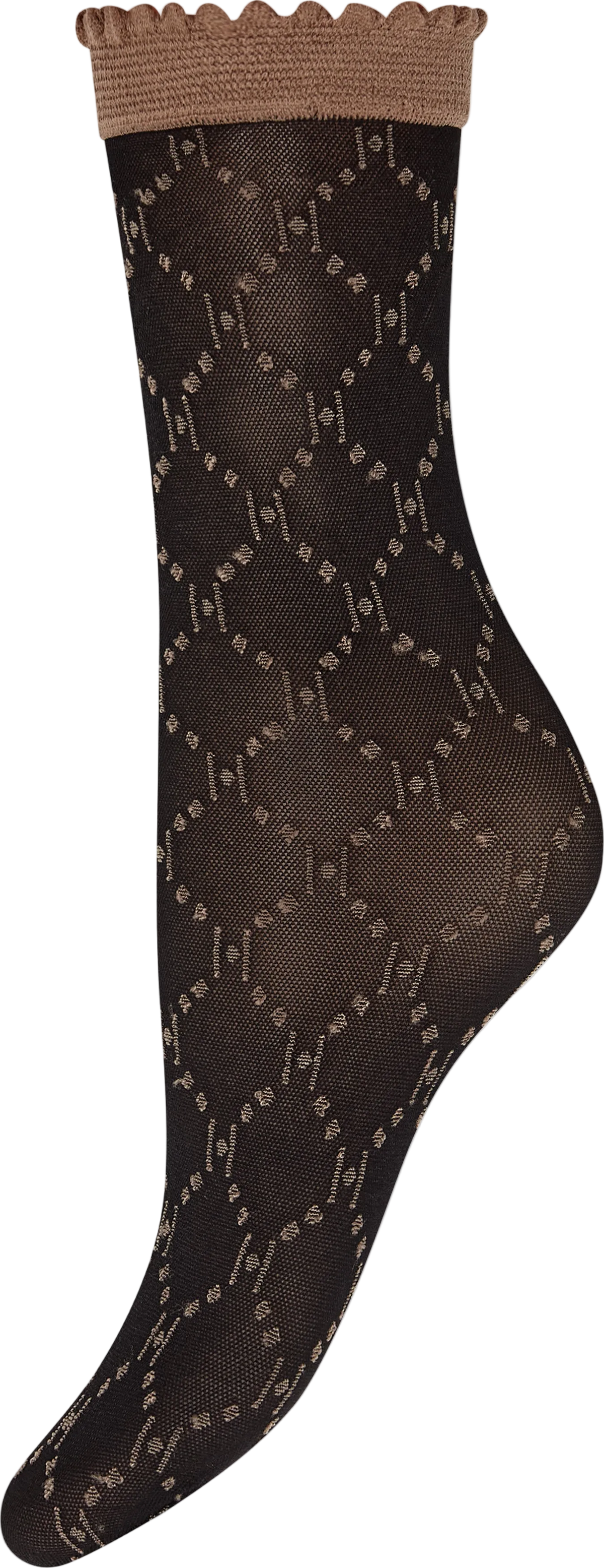 156305 | HYPE THE DETAIL – Socks logo 25app Sort mønster: sorte, gennemsigtige netstrømper med et beige diamantmønster og flæser.