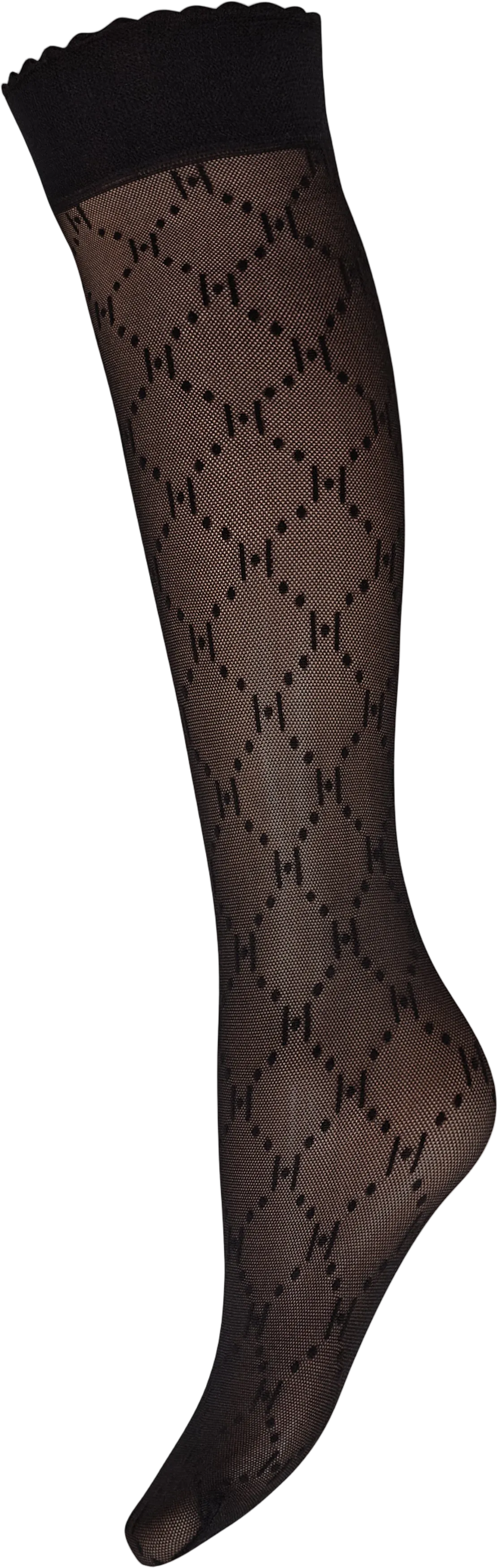 HYPE THE DETAIL – Knælange strømper med logo i sort, med gennemsigtigt diamantmønster og bølget kant.
