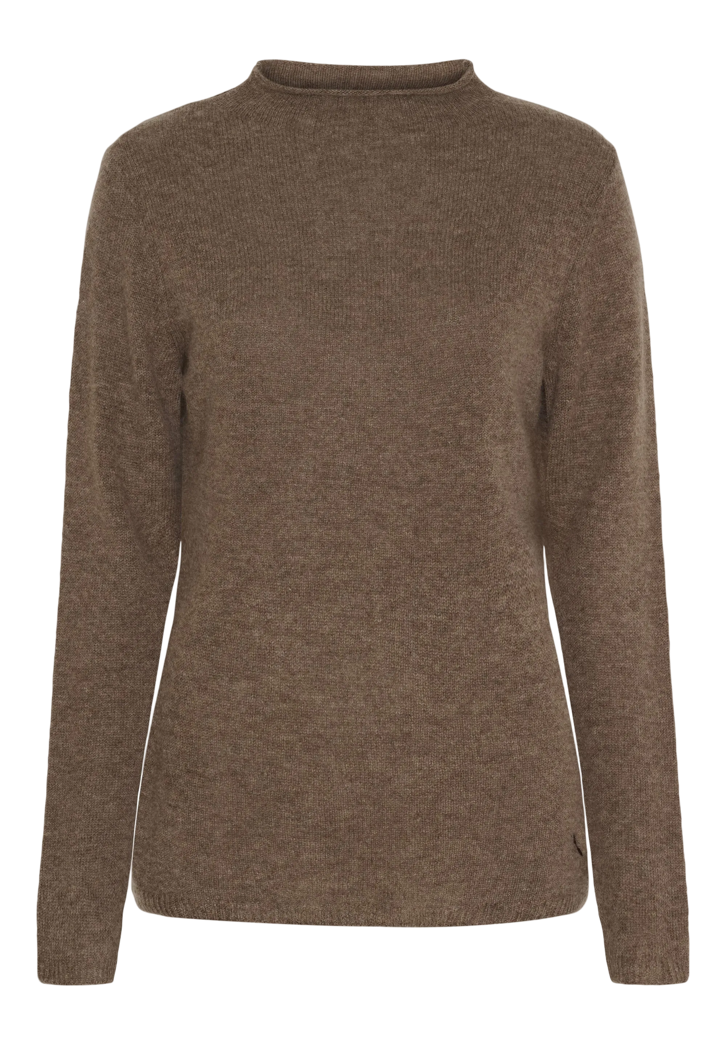 BTF CPH 155743 Btfelora Brun: brun meleret kashmir-bluse med lange ærmer og rund hals på hvid baggrund.