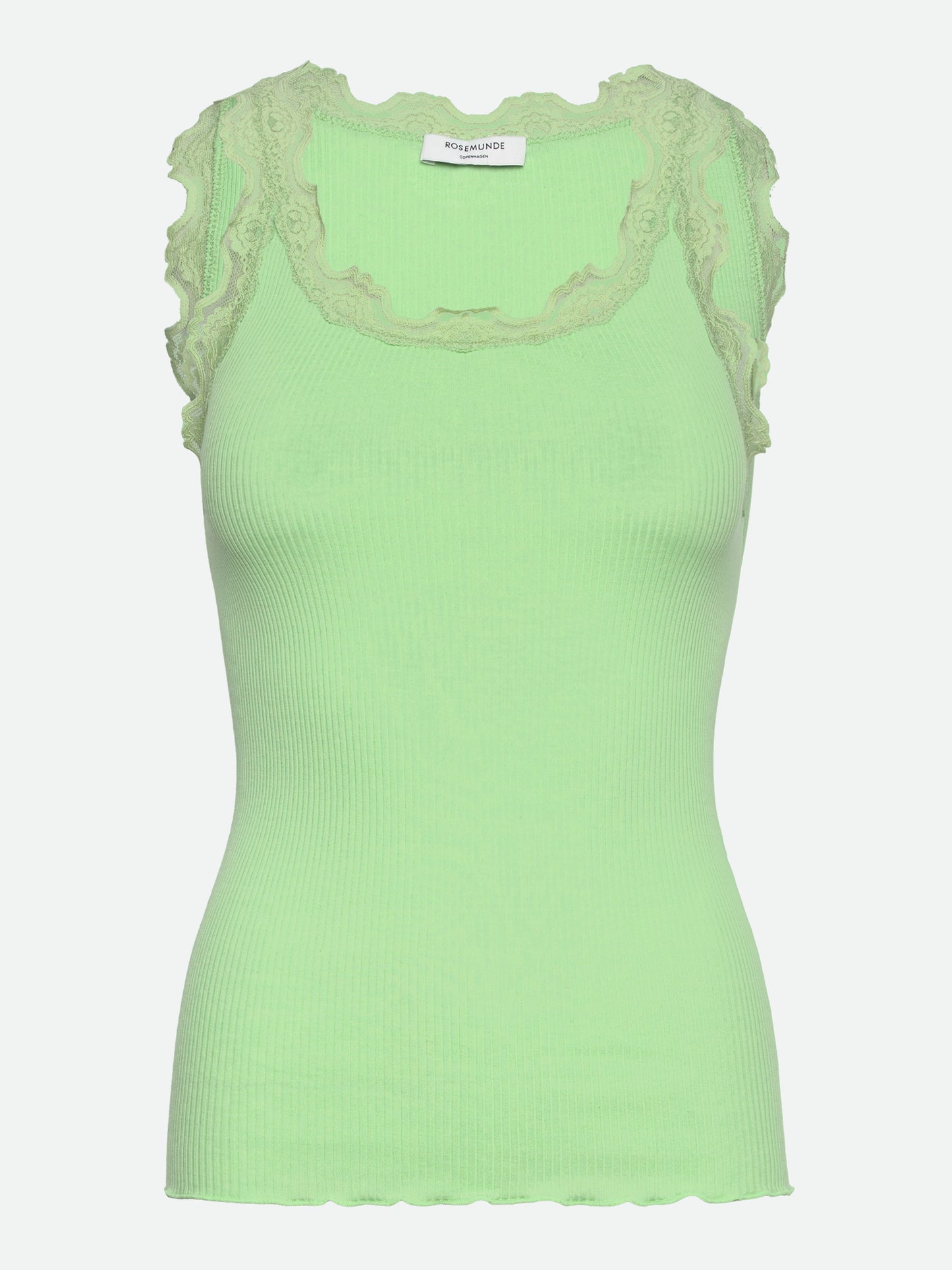Lime grøn Rosemunde top med blonder ved halsudskæring