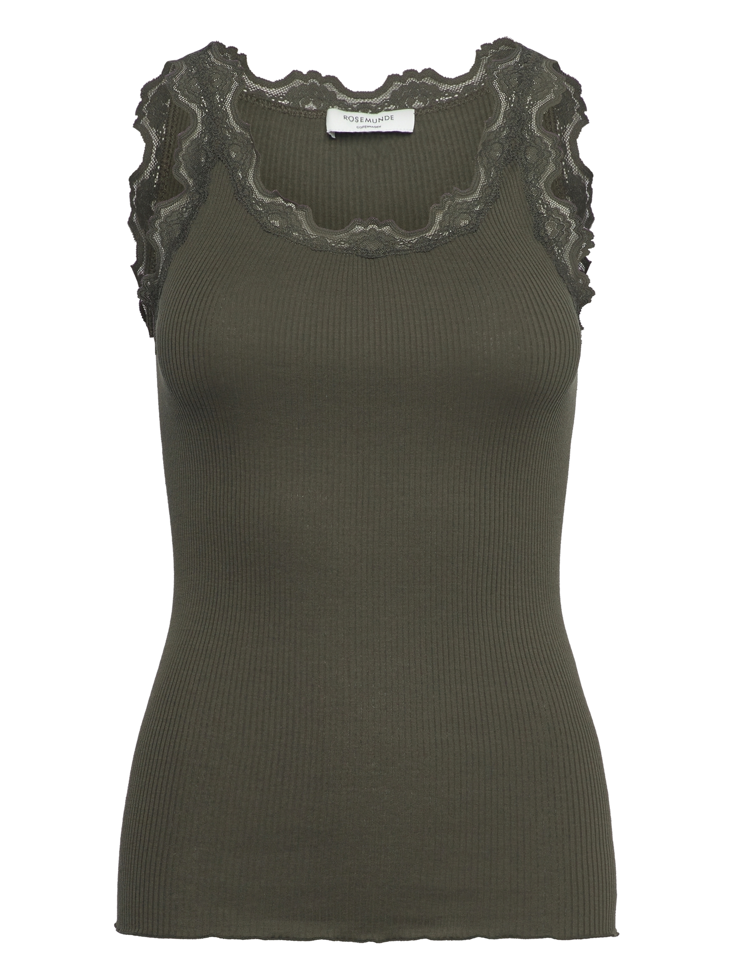 Army grøn Rosemunde top i rib med blonder ved halsudskæringen