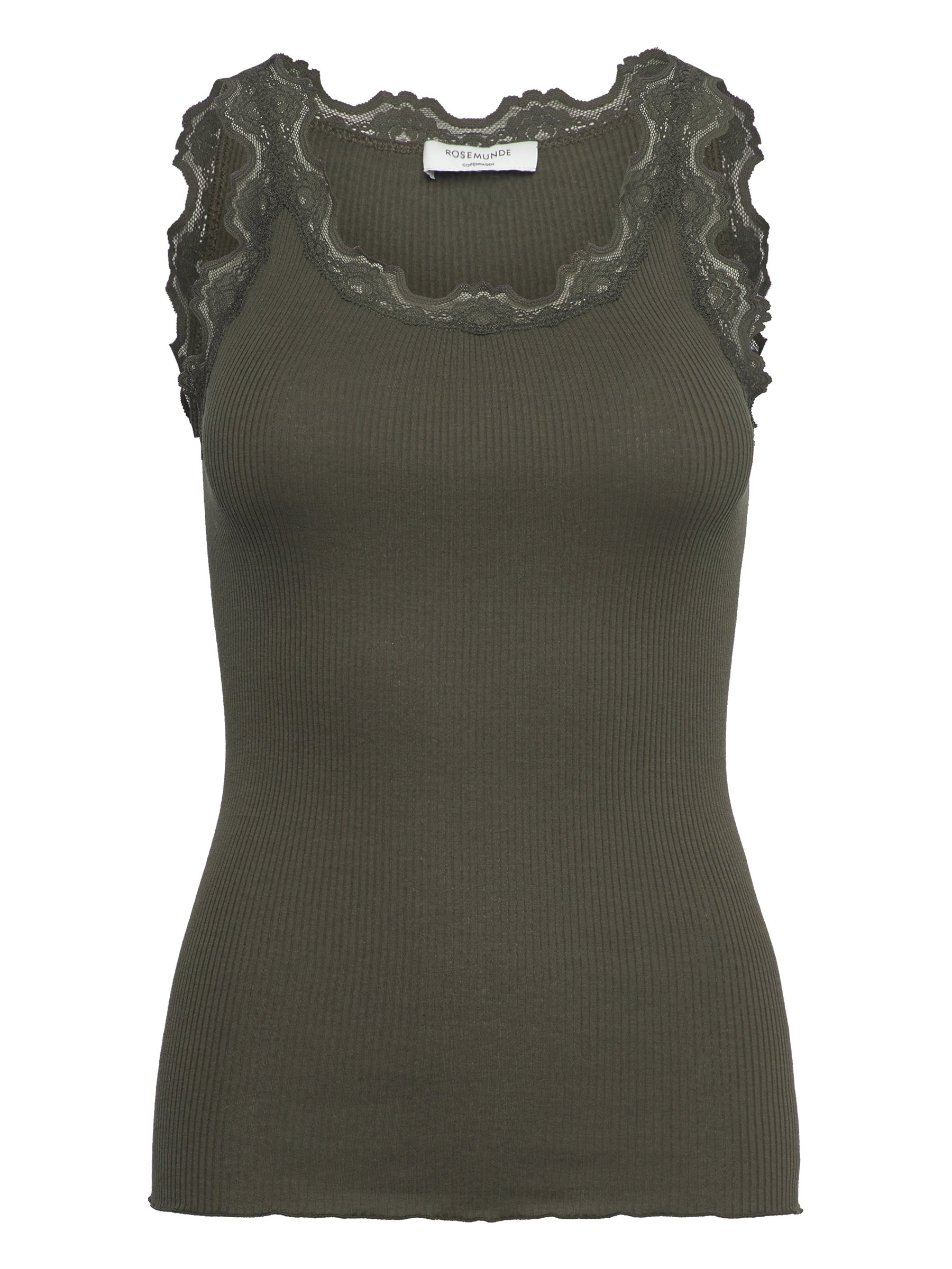 Army grøn Rosemunde top i rib med blonder ved halsudskæringen