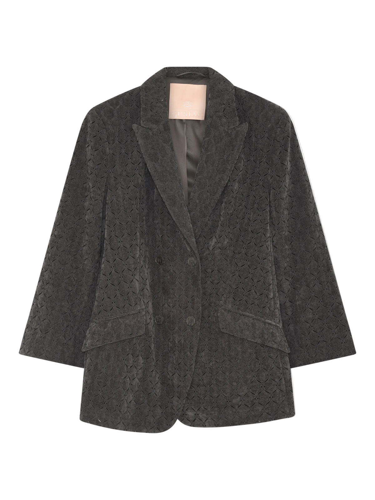 Gustav Stacie Mørkegrå blazer: geometrisk mønster, skrå revers, dobbeltradet, kasseformet pasform til kvinder.