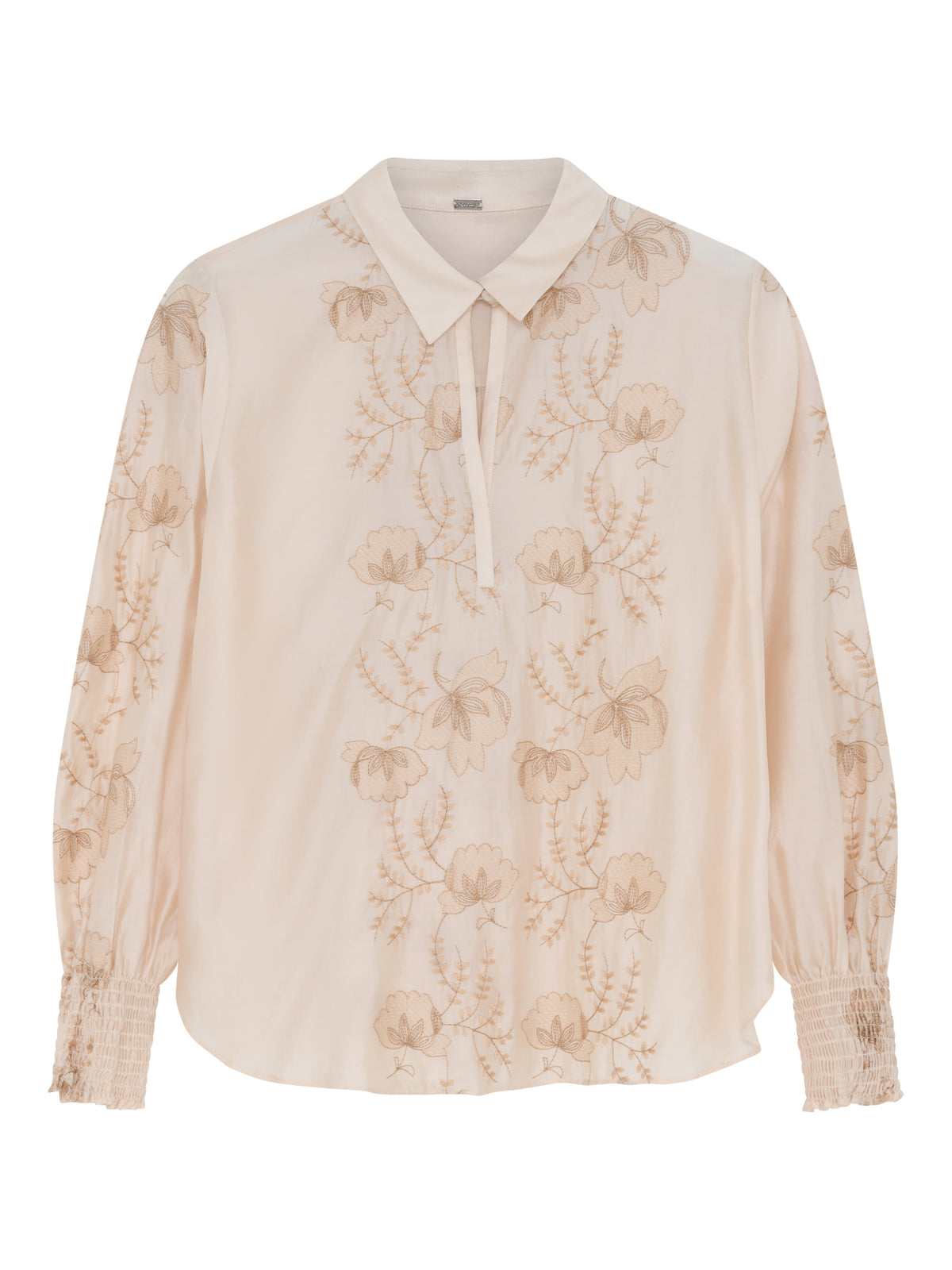Gustav Bayanna: Beige langærmet bluse med blomsterbroderi og smockede manchetter, vist på hvid baggrund.