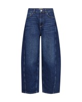 MOS MOSH Cindy Denim: Mørkeblå jeans med høj talje og brede ben, knaplukning, forlommer og sømdetaljer.