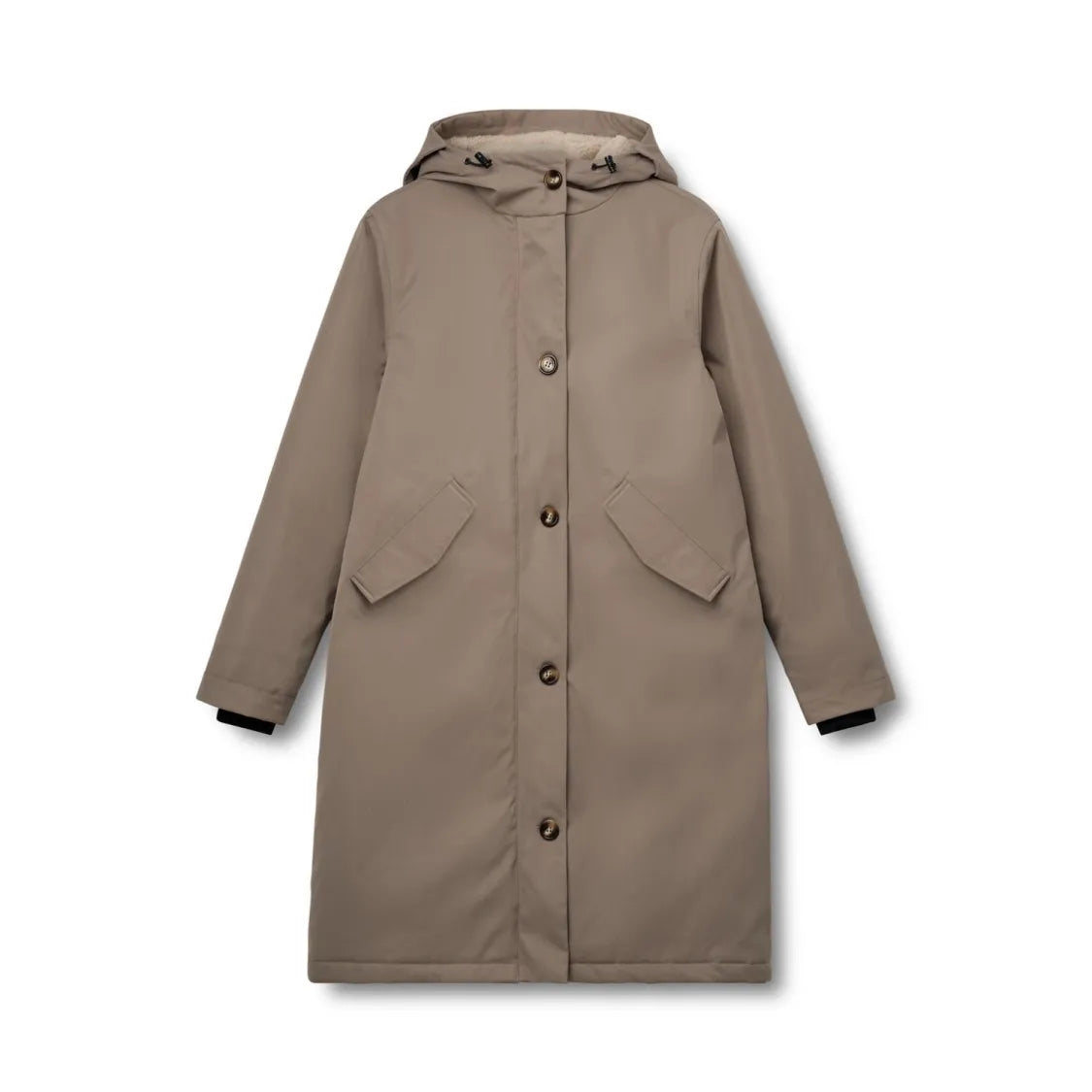 Brun Kopenhaken vinterjakke med knapper, skrålommer og hætte