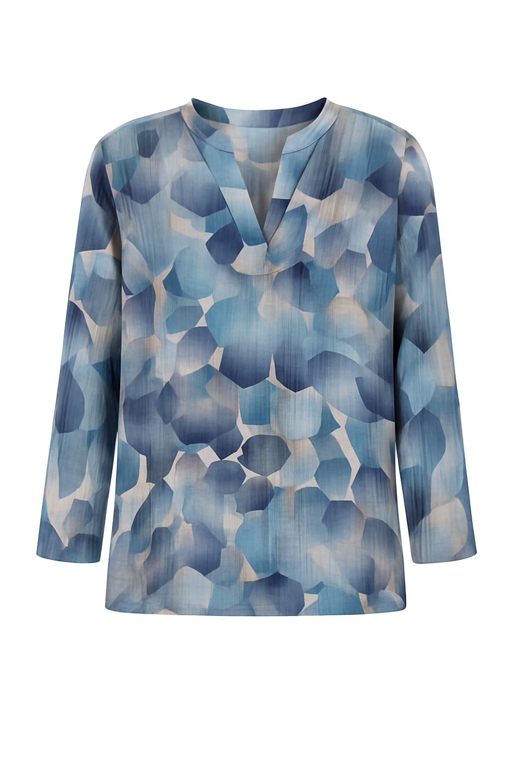 Blåmønstret 2-Biz bluse kinakrave og v-udskæring