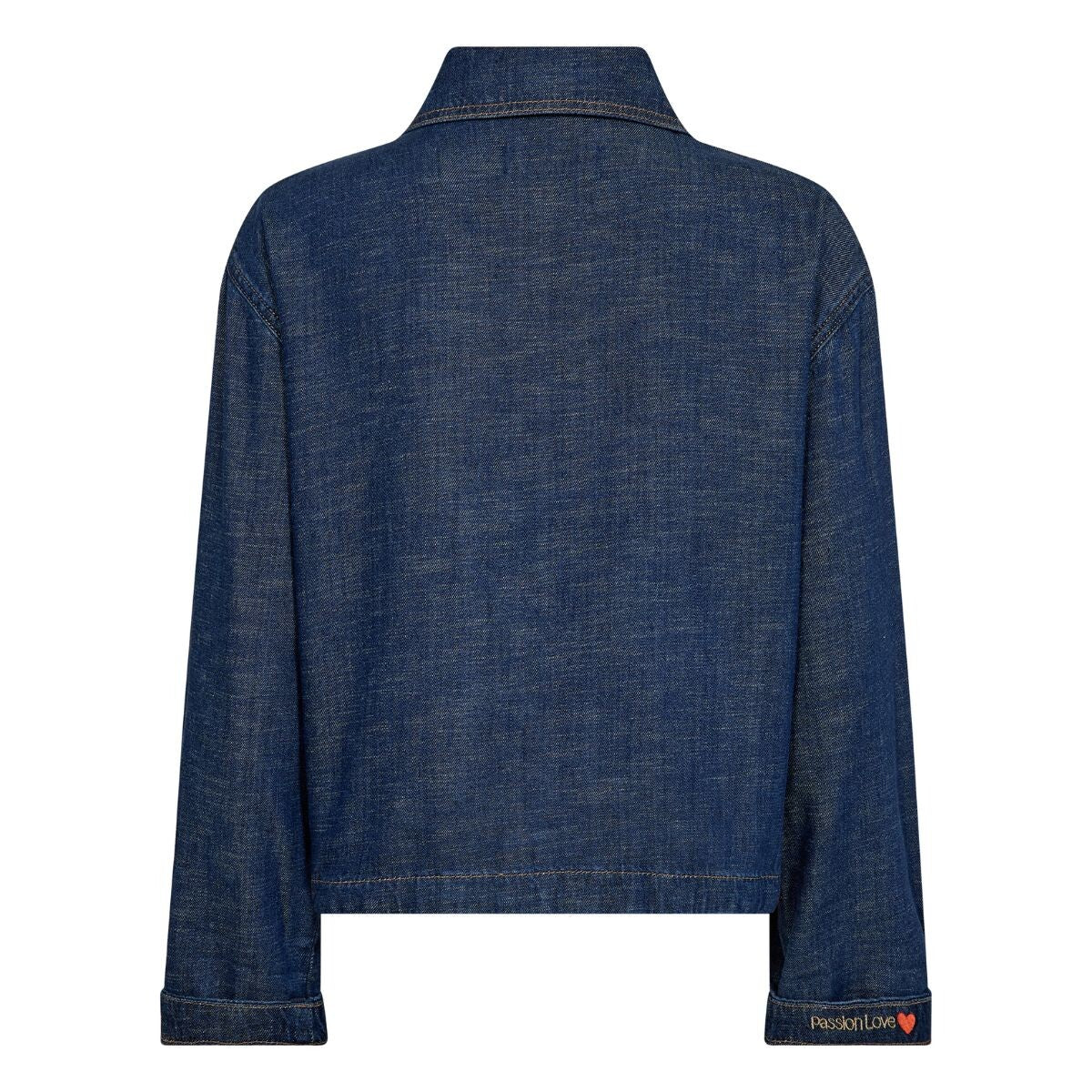 Denimjakke i firkantet snit med krave set bagfra mos mosh