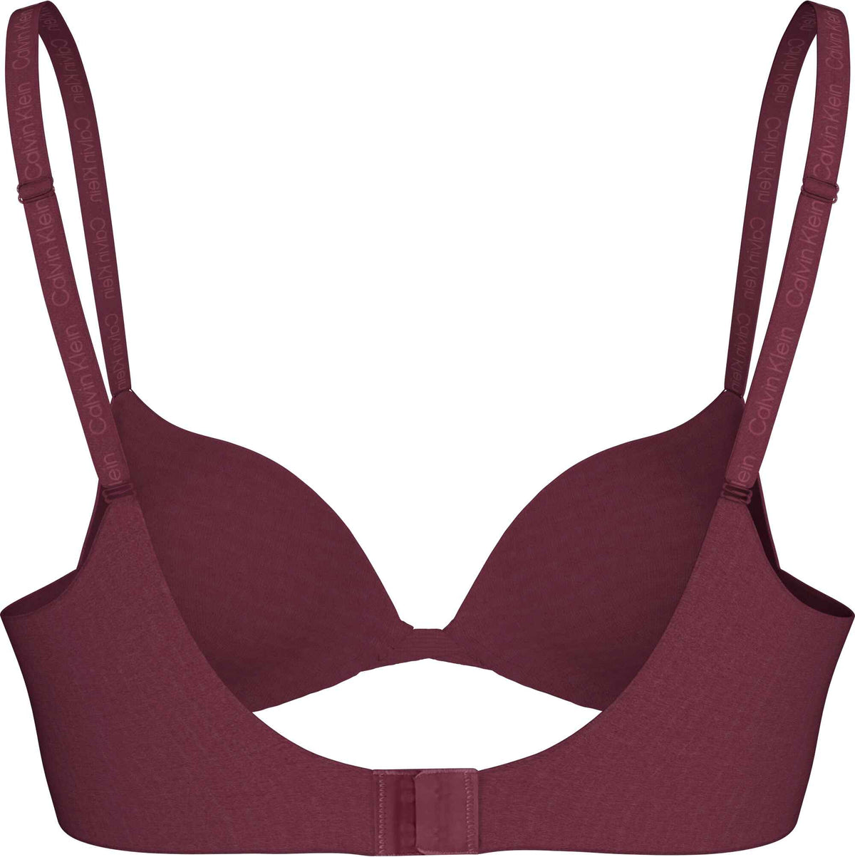 Calvin Klein 156317 burgunderfarvet bh med bøjler, stropper med mærkelogo og hægte- og øje-lukning bagpå.