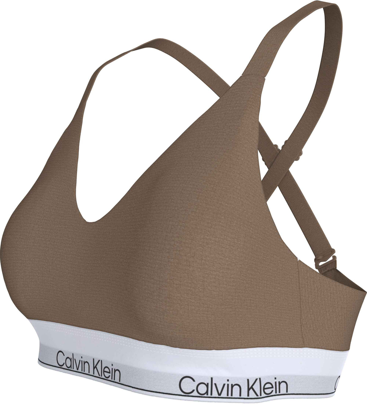 Calvin Klein – QPS Lysebrun lysebrun bralette med et hvidt elastisk logo-bånd og racerback-stropper.