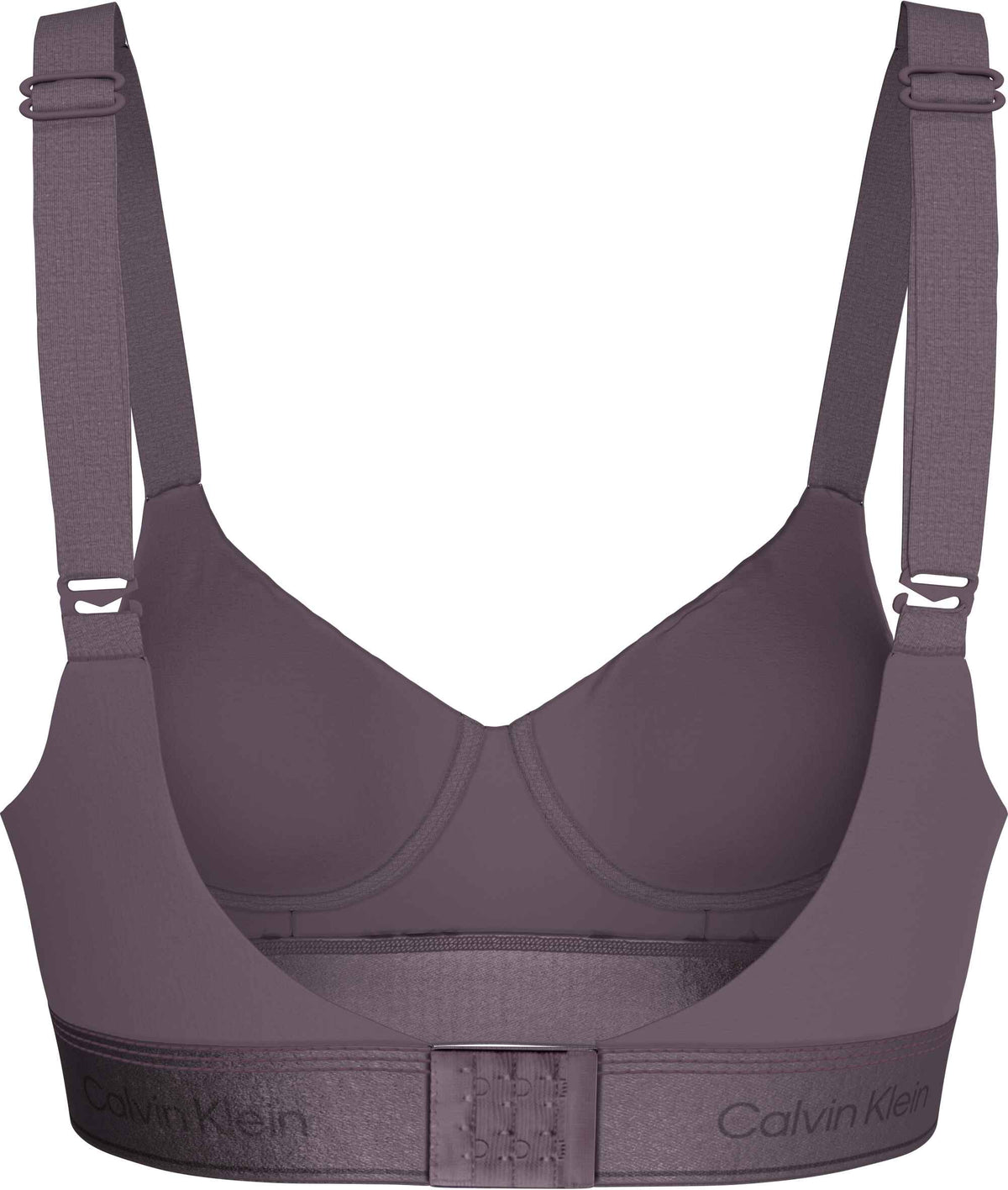 Mørk lilla trådløs BH fra Calvin Klein, model QF8870, med justerbare stropper og hægte- og øje-lukning foran.