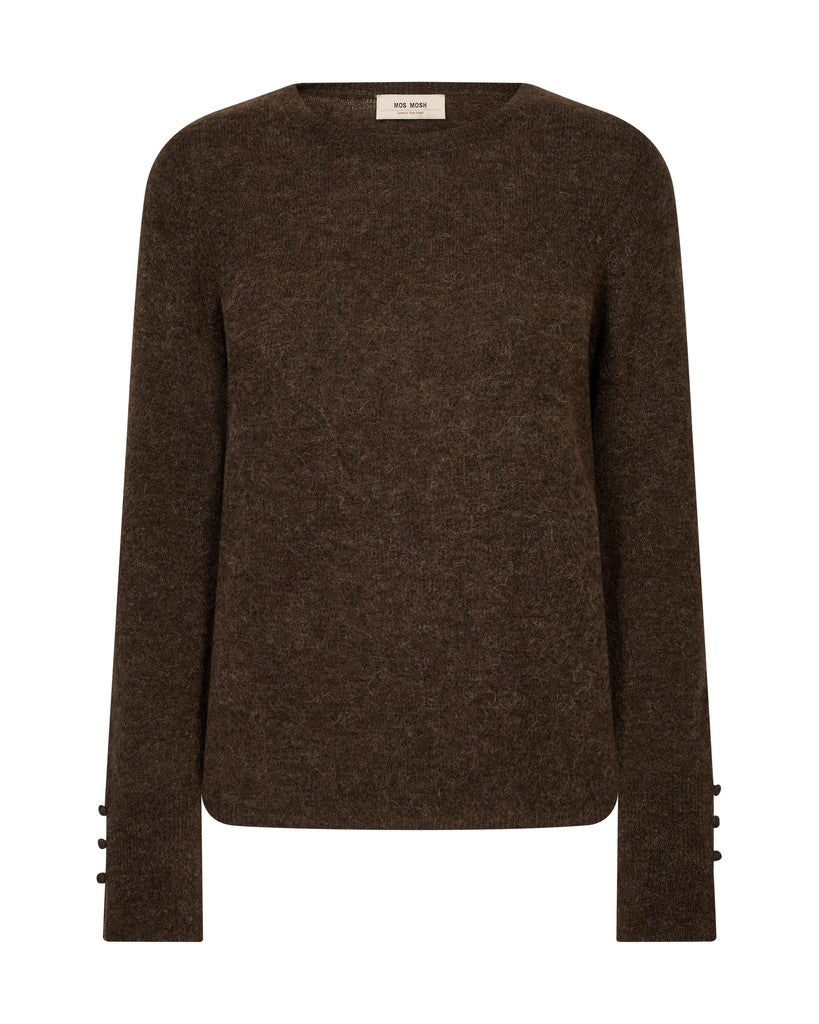 Mørkebrun MOS MOSH 156299 – MMMape Sophia langærmet sweater med små knapper ved manchetterne.