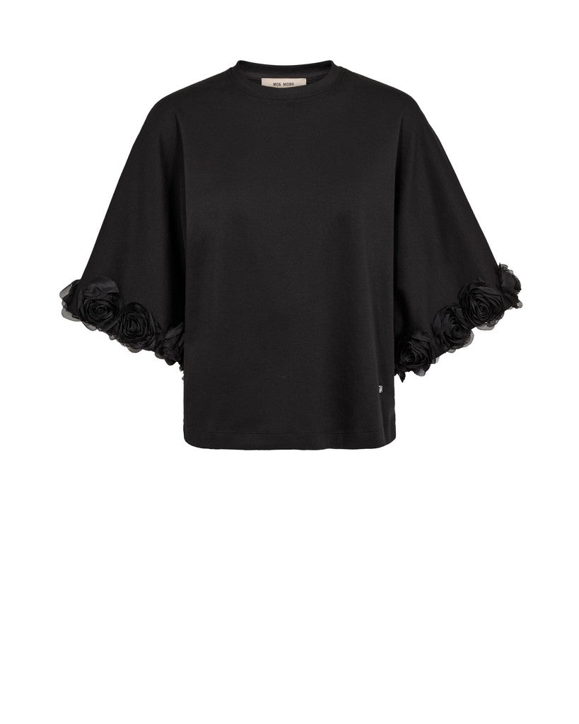 Sort 156300 | MOS MOSH – MMRosette-sweatshirt med 3D-blomsterdetaljer på ærmernes nederste kanter.