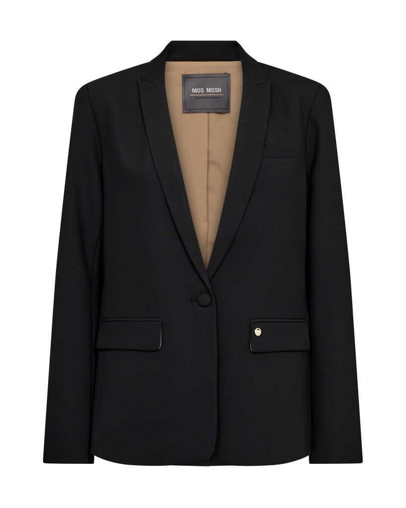 MOS MOSH – MMPhoebe Miley Sort: sort blazer med én række knapper, klaplommer, brystlomme og beige for.