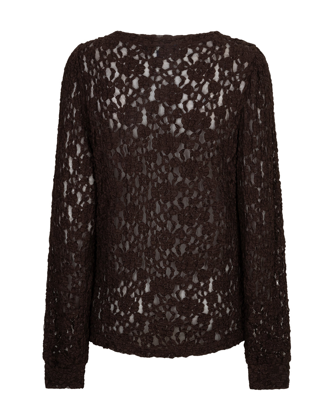 Red Button Lace mørkebrun bluse, langærmet med blomsterblonder, set bagfra på hvid baggrund.