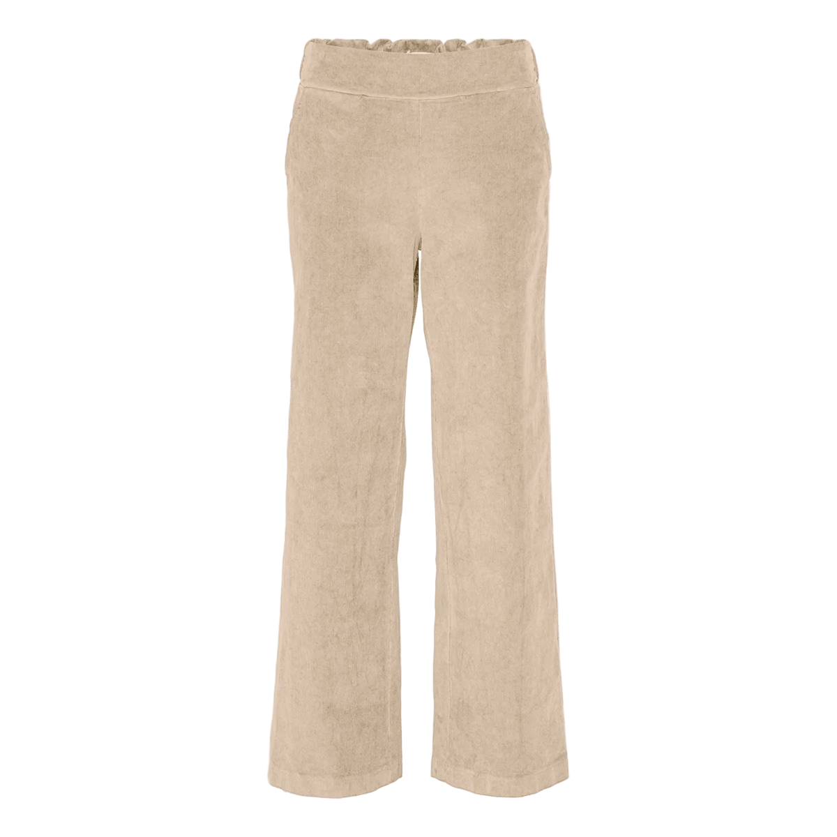 Amaze Cph – Victoria Pudder beige fløjlsbukser med lige ben og elastisk talje, vist på hvid baggrund.