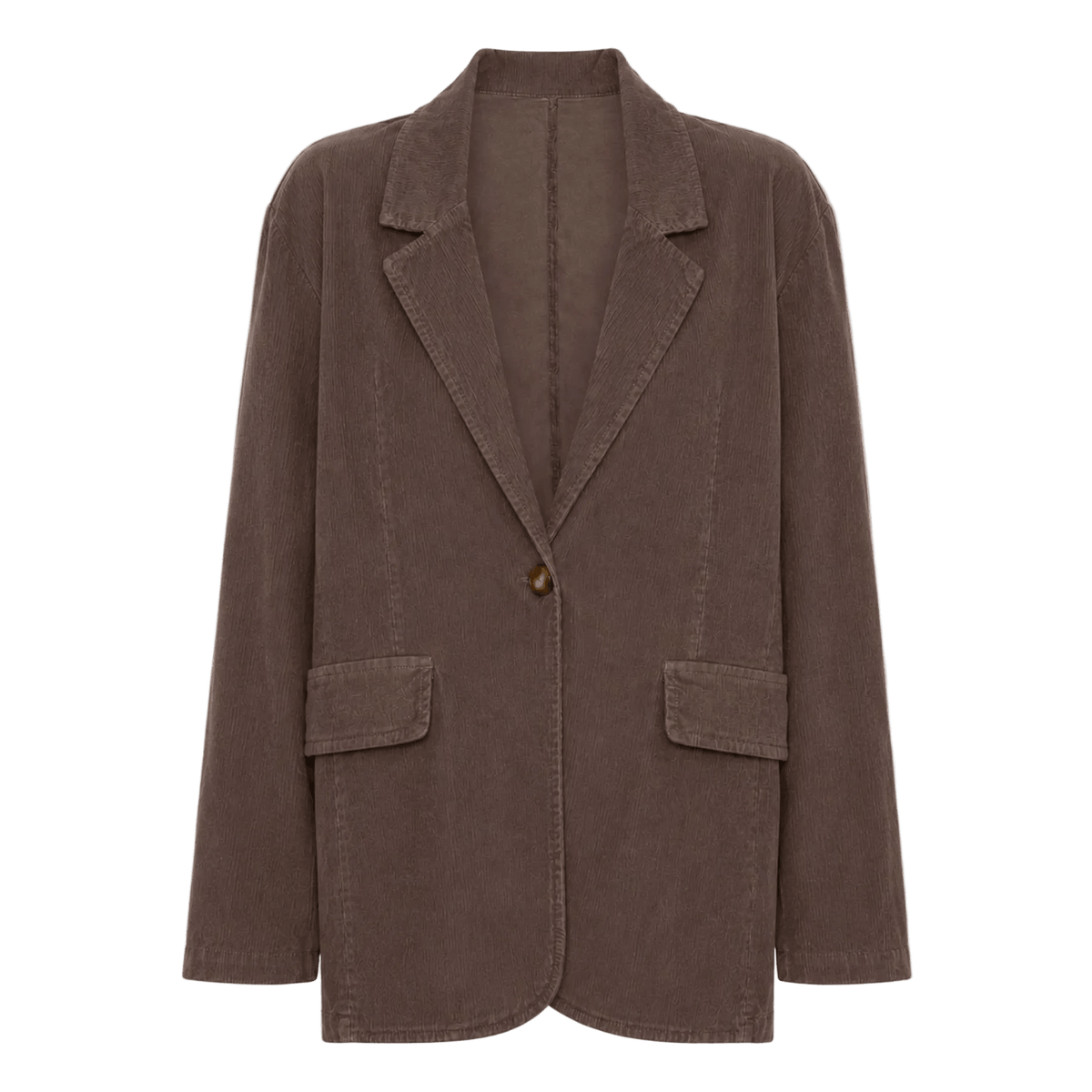 Chokoladebrun Amaze Cph 155733 Patricia Kaffe-blazer med riflet overflade, skrå revers, knaplukning og lommer med klap.