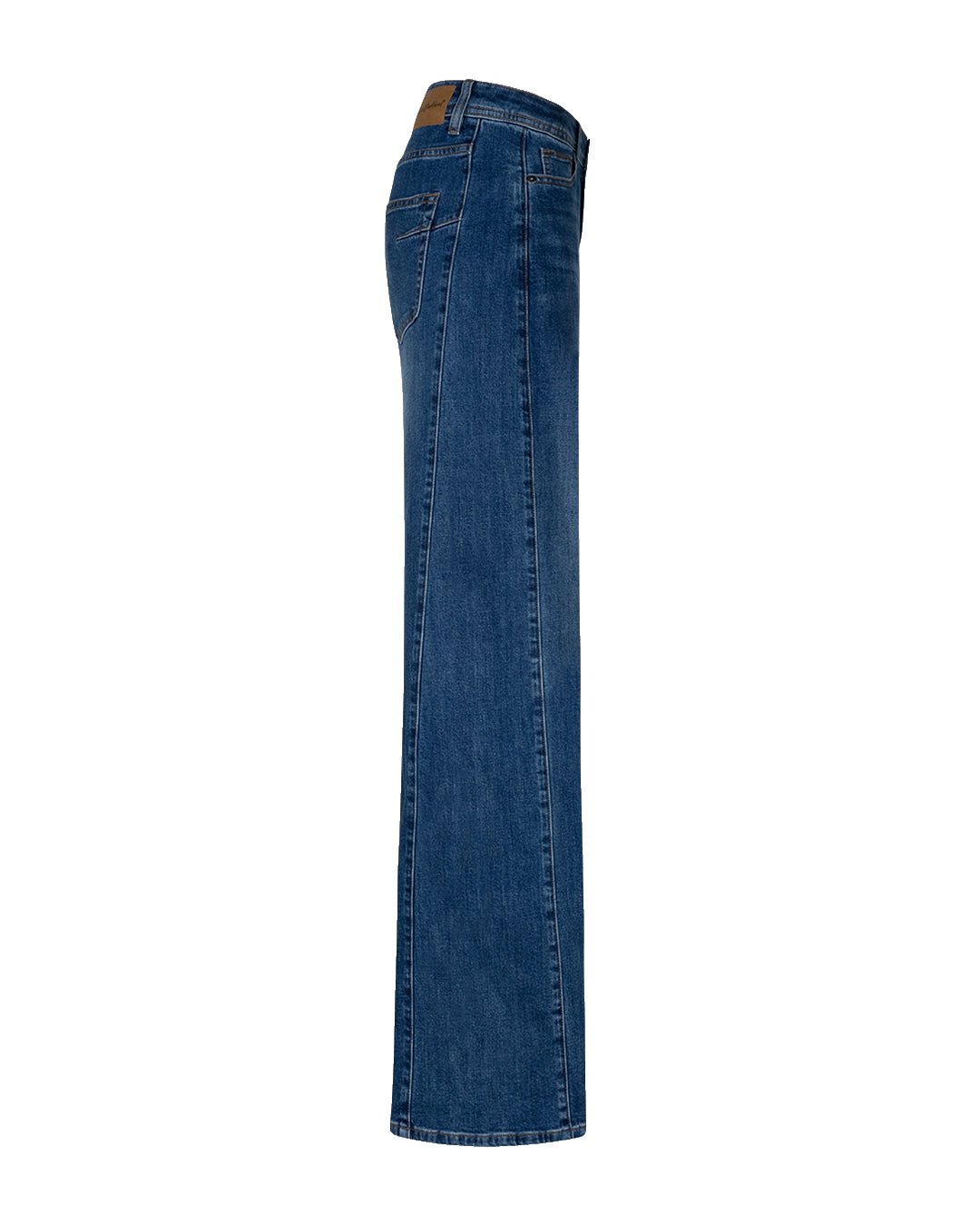 Set fra siden: Red Button Claudette L-31-jeans i mørk denim med lige ben og kontrastsyninger på hvid baggrund.