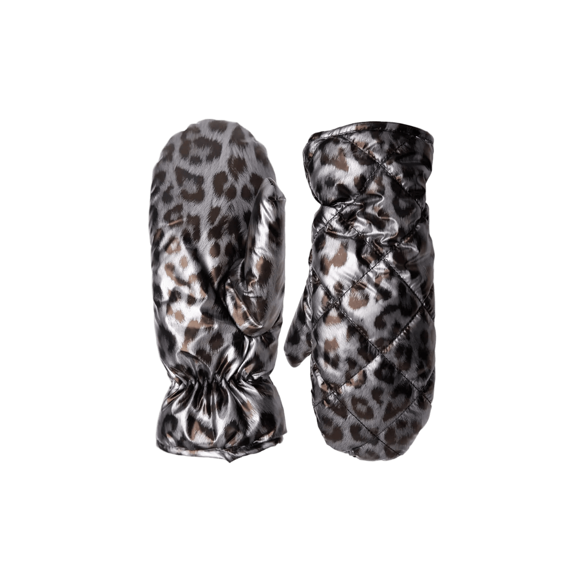 Et par sorte Nadina-vanter med gråt mønster og leopardlook i gun metal-farve, vist forfra og bagfra på hvid baggrund.