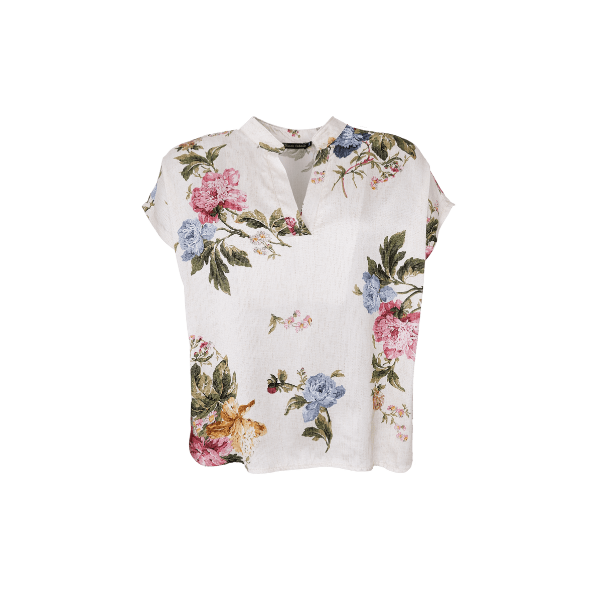 Zalina Off white mønstret bluse fra Black Colour: korte ærmer, V-udskæring, løs pasform, lyserødt/blåt/grønt blomstermønster.
