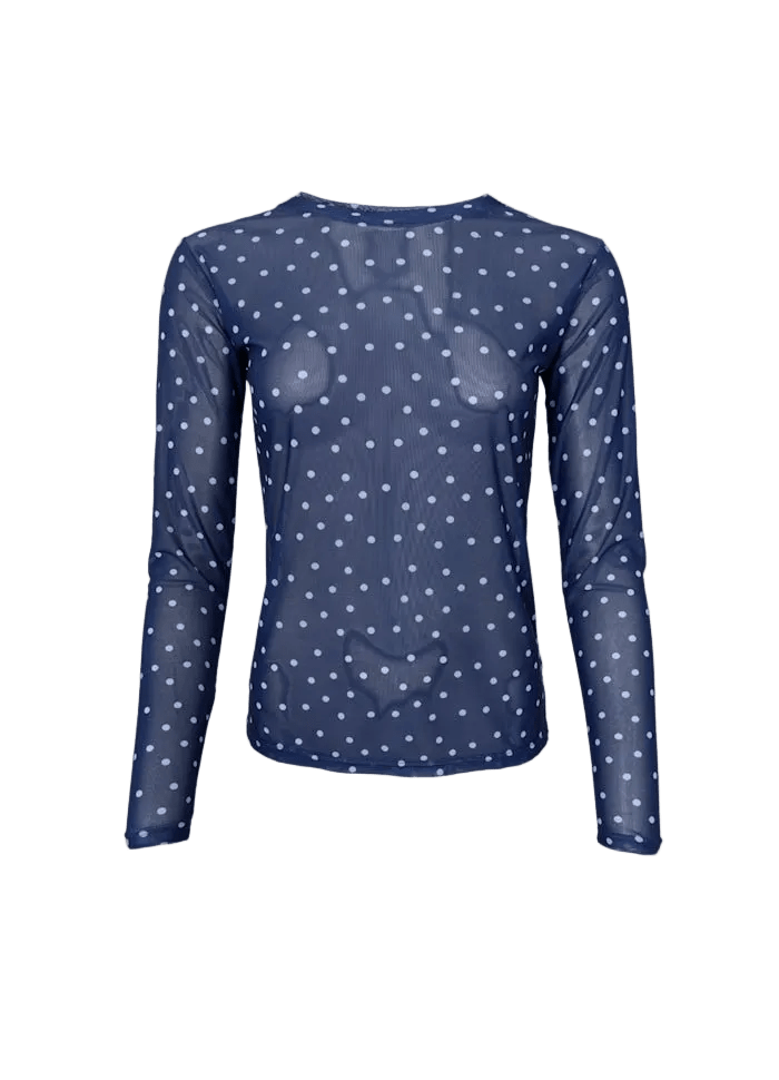 Black Colour Annie Mørkeblå: Gennemsigtig marineblå mesh-bluse med prikket mønster og lange ærmer på ensfarvet baggrund.