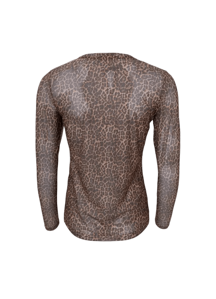 Sort Kamma Leopard-bluse i gennemsigtigt netstof, vist set bagfra, perfekt til at have udenpå ethvert outfit.