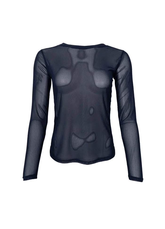 En langærmet bluse i gennemsigtigt sort net fra Annie Blå af Black Colour, set forfra på en ensfarvet hvid baggrund.
