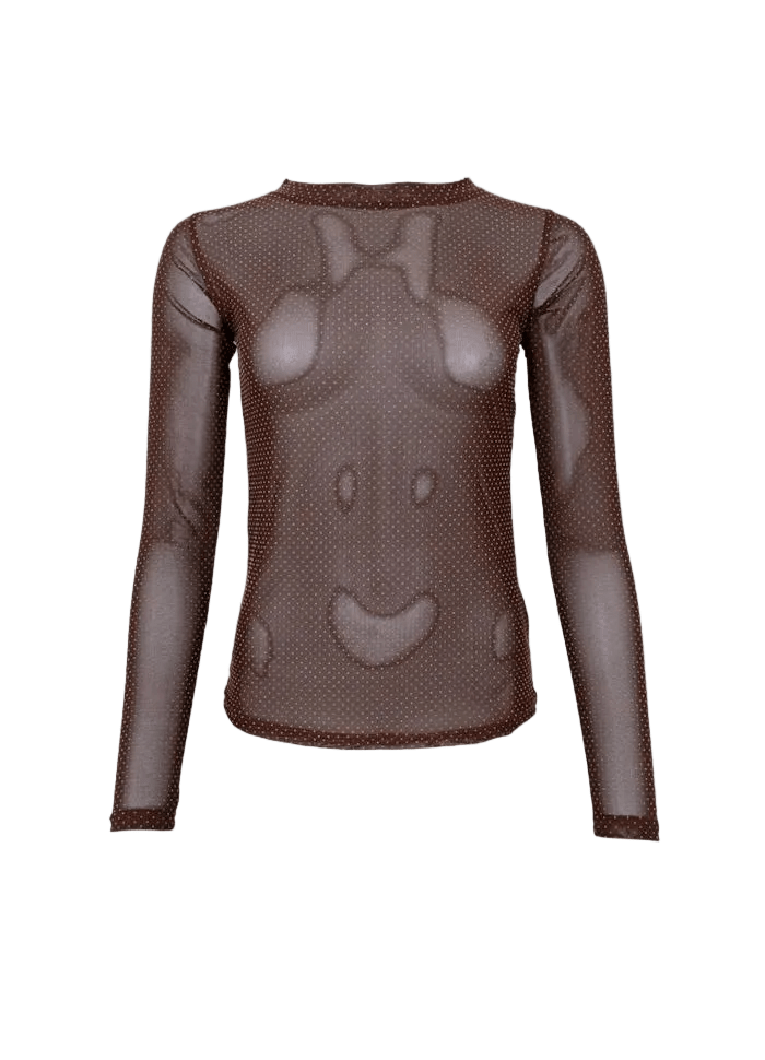 Sort langærmet bluse i mesh fra Black Colour by Jessie Kaffe, med et diskret smiley-mønster, vist på hvid baggrund.