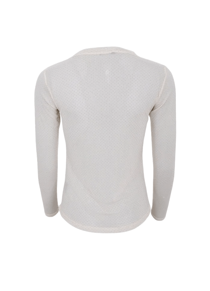 Bagfra-billede af den sorte Jessie Off White-langærmede meshbluse, vist på en ensfarvet hvid baggrund.