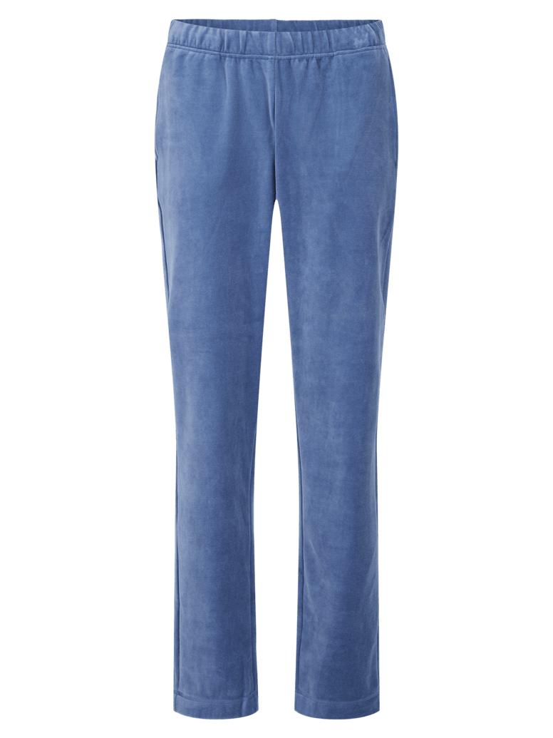 Brandtex Hjemmesæt Blå: Behagelige velourbukser med elastisk talje og lige ben – perfekte til afslappede dage i hjemmet.
