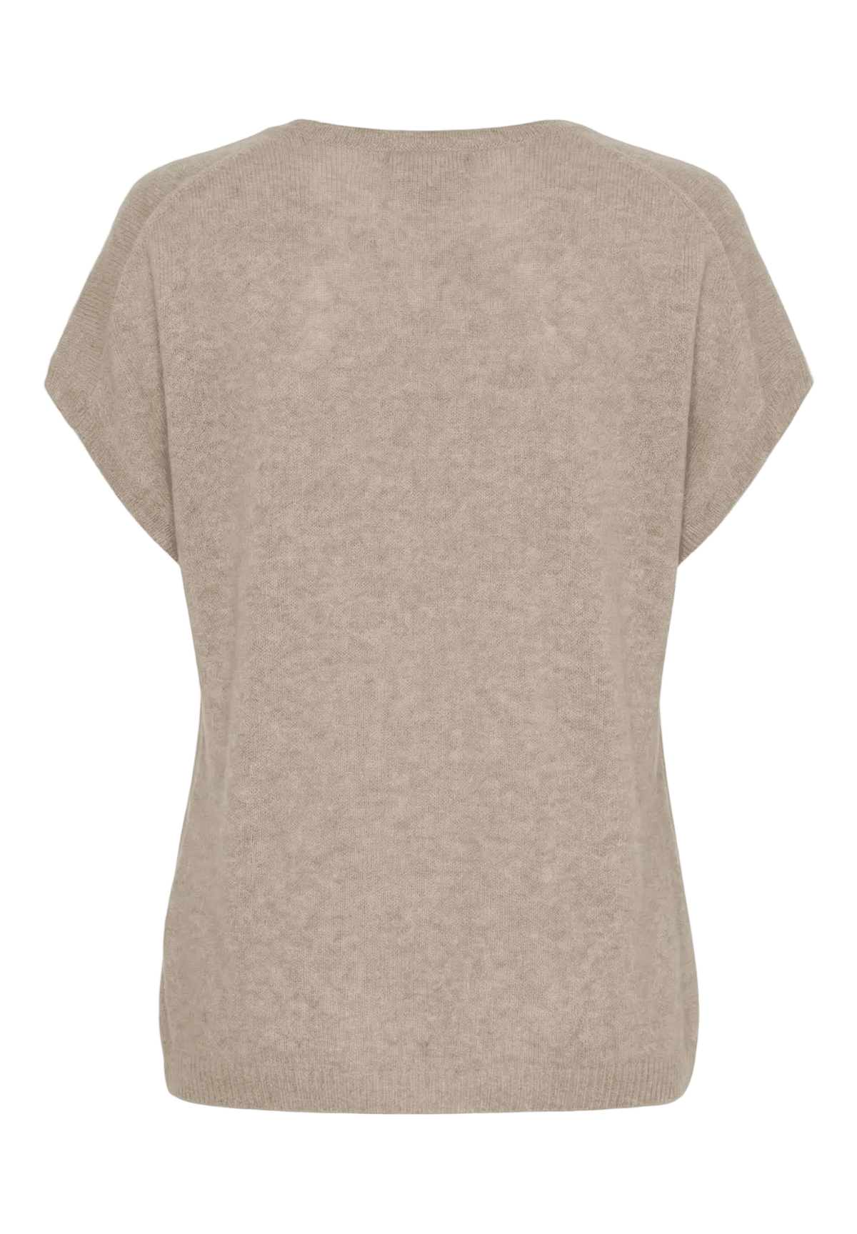 Juliette Lysebrun beige kashmir-bluse med korte ærmer fra BTF CPH, vist bagfra på en hvid baggrund.