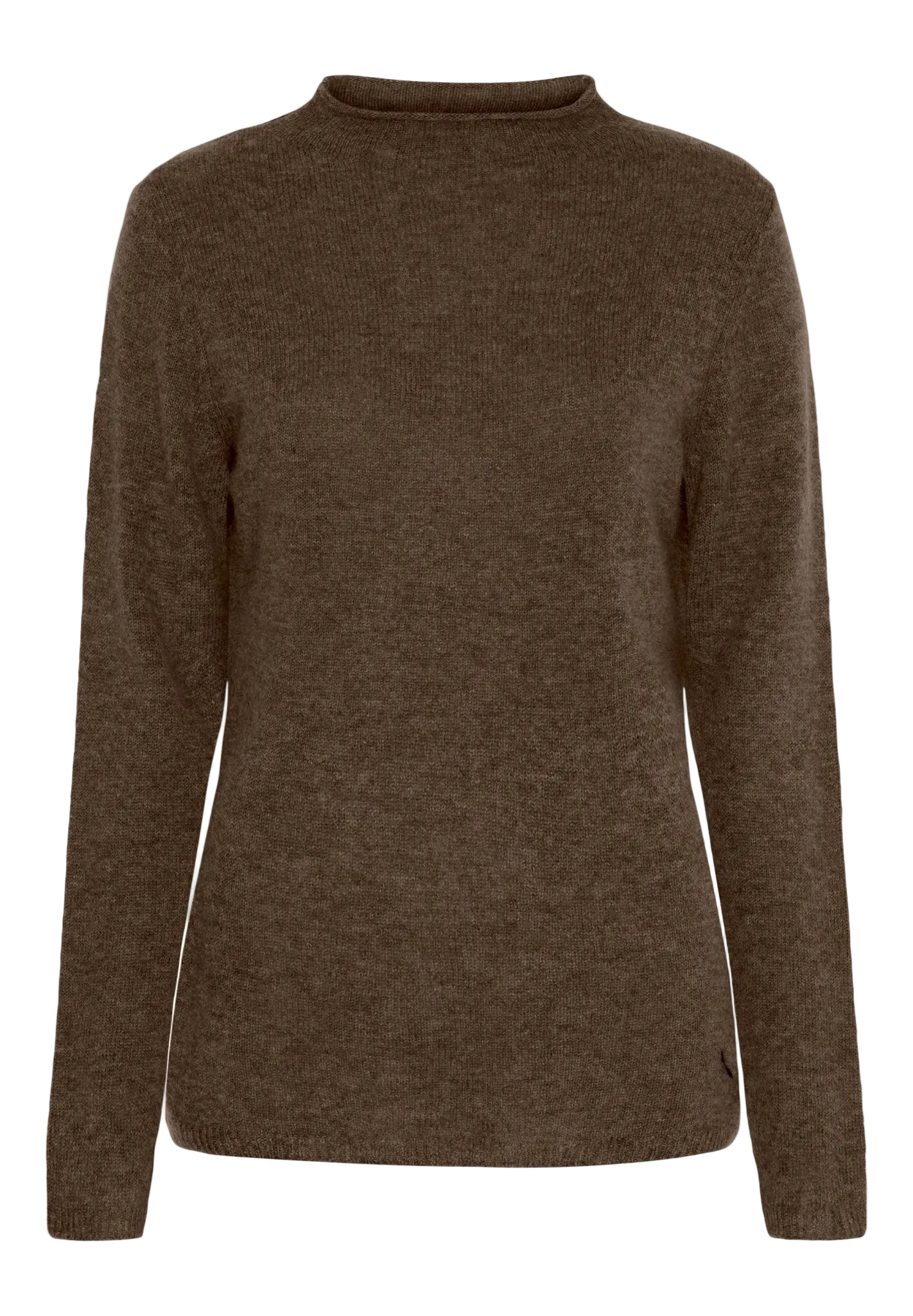 BTF CPH Elora mørkebrun meleret strikbluse med rund hals, vist på hvid baggrund.