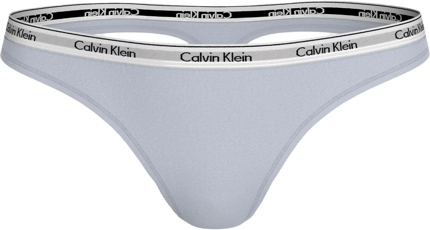 Lyseblå Calvin Klein-g-streng, model 149022, med logo-bånd, vist på en enkel baggrund.