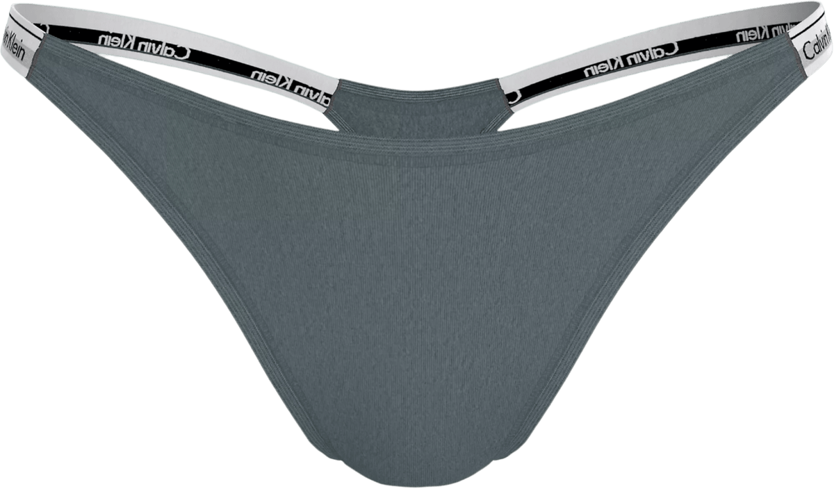 Grøn Calvin Klein-g-streng med elastisk logo-kant, vist på hvid baggrund. 3 for 399,-.