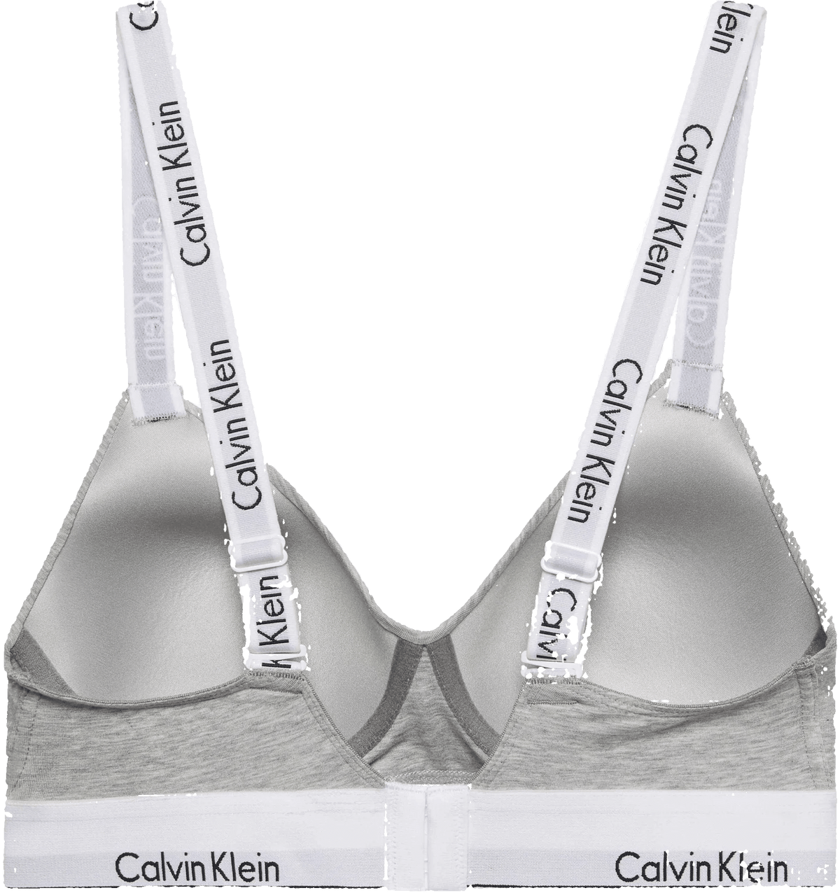 Lysegrå trådløs BH fra Calvin Klein, model QF8504, med logo på stropperne og elastikbånd, set bagfra på ensfarvet baggrund.