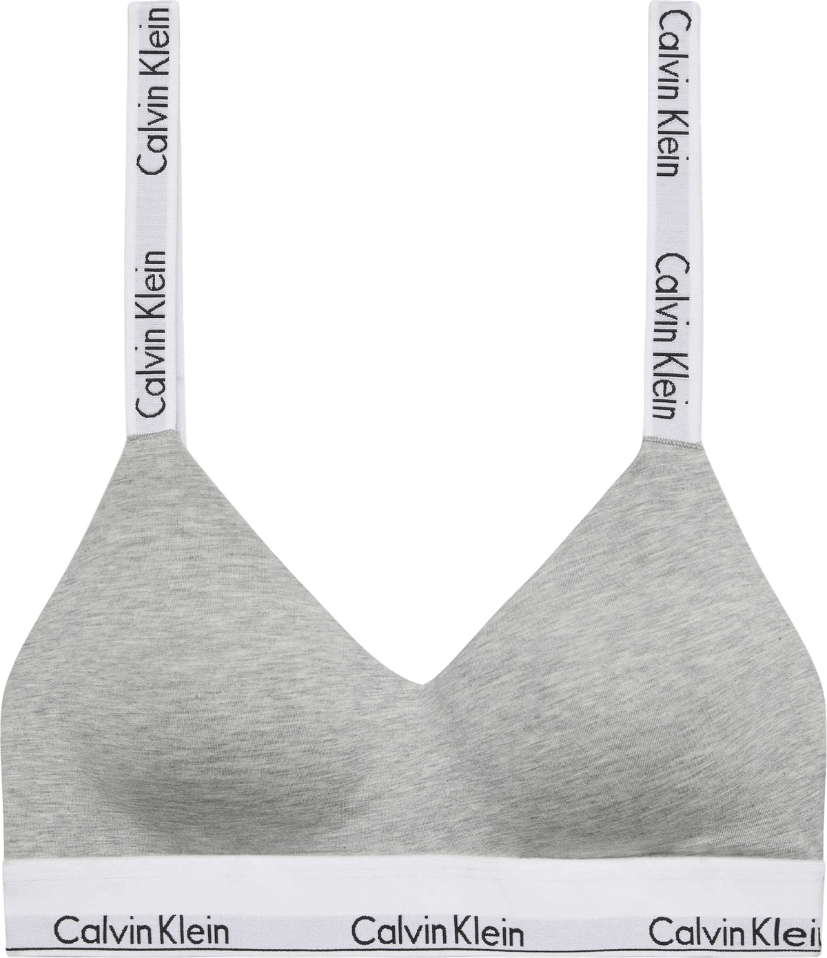 Calvin Klein QF8504 Lysegrå: Blød, grå bomulds-bh med hvide stropper og underbånd med logo samt klassisk Calvin Klein-logo.