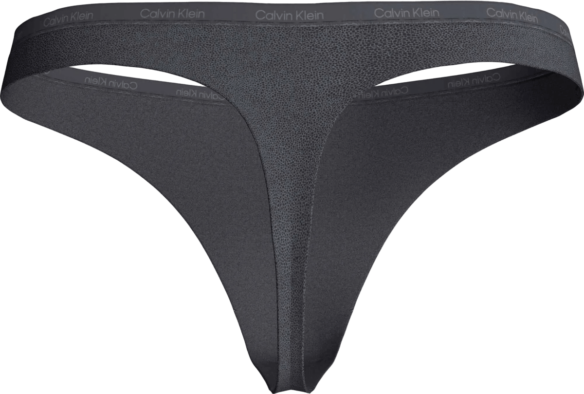 En Calvin Klein Stingray+Turbulence gråmønstret g-streng med elastisk linning og logo på ensfarvet baggrund.