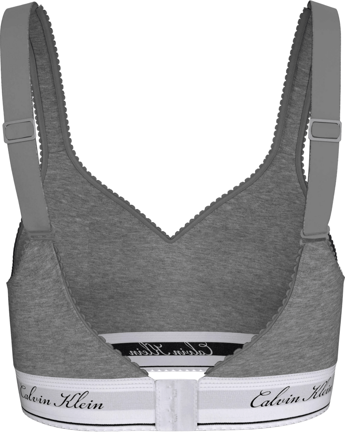 Bagsiden af Calvin Klein QF9071 Lysegrå bralette: lysegrå, V-udskæring, uden bøjler, elastikbånd med hvidt logo.