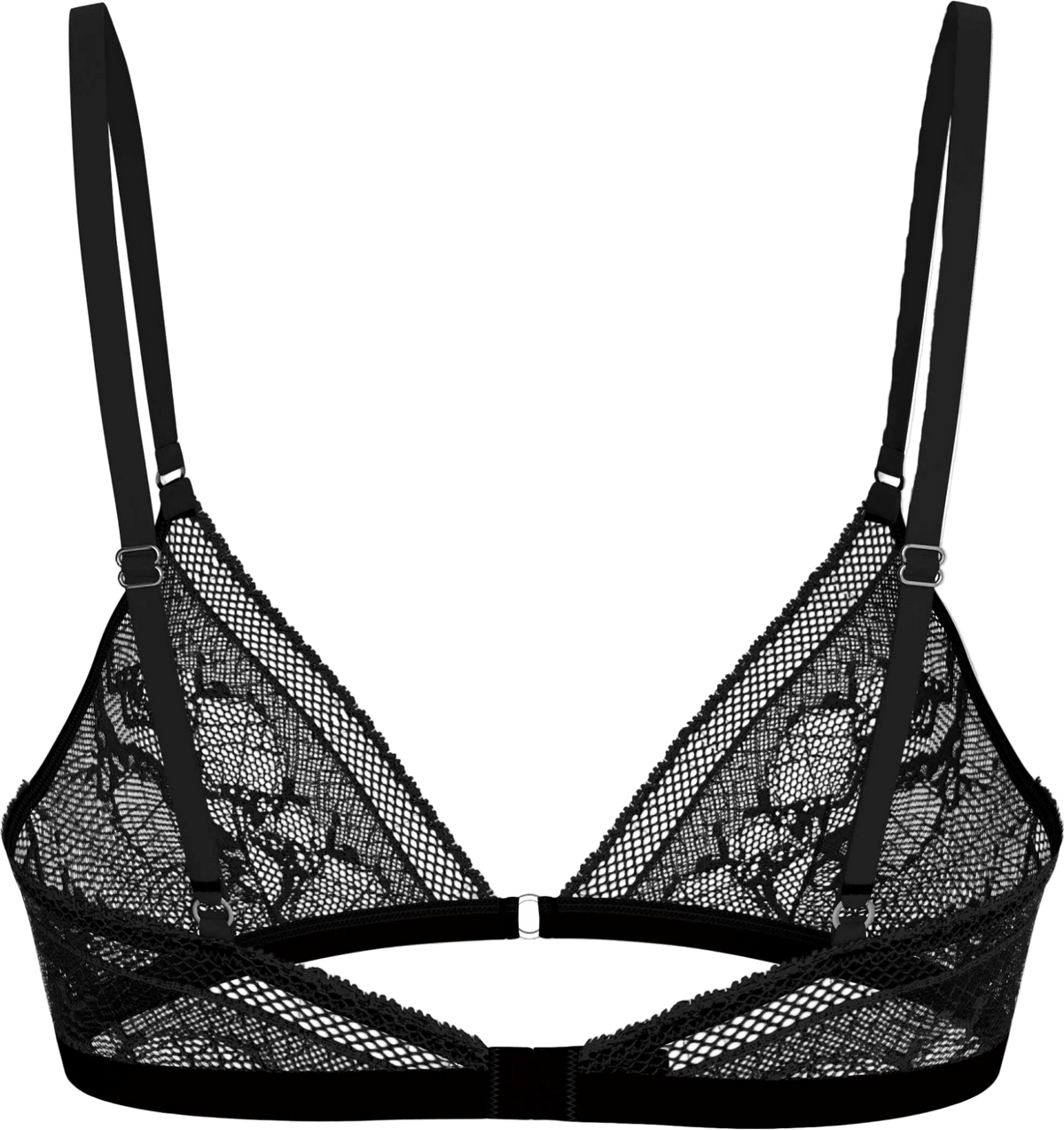 Calvin Klein 156143 QF8956: Sort bralette i blonder uden bøjle, justerbare stropper, detaljer i net på ryggen, ensfarvet baggrund.