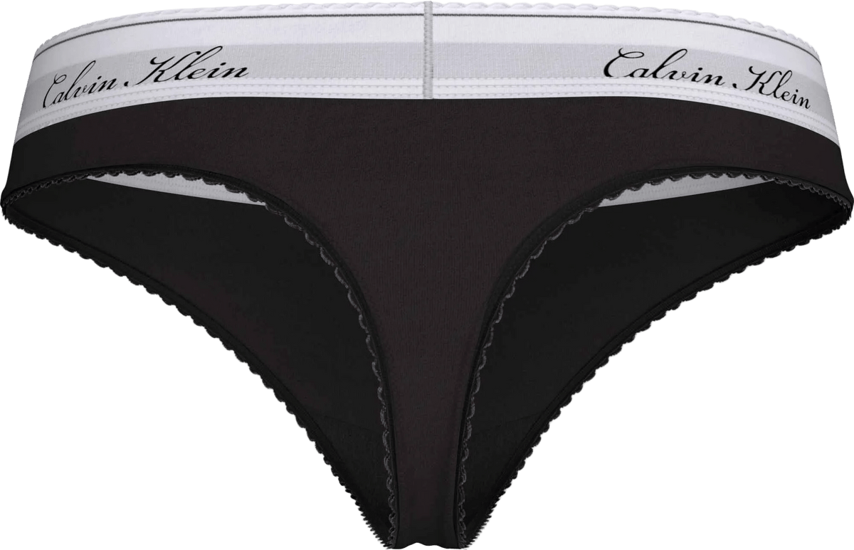 Calvin Klein – Ny Signature Logo UB1 Sort sort g-streng med et bredt, hvidt elastisk bælte med logotekst og striber.