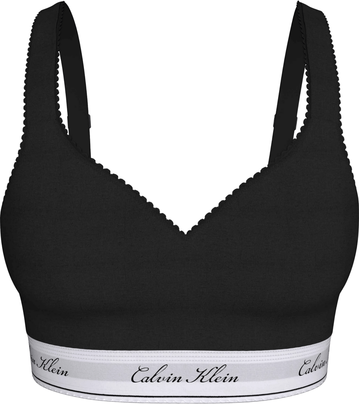 Sort Calvin Klein 156449 – Ny bralette i modellen Signature Logo UB1 Sort med et hvidt elastikbånd med logotryk og bølget kant.