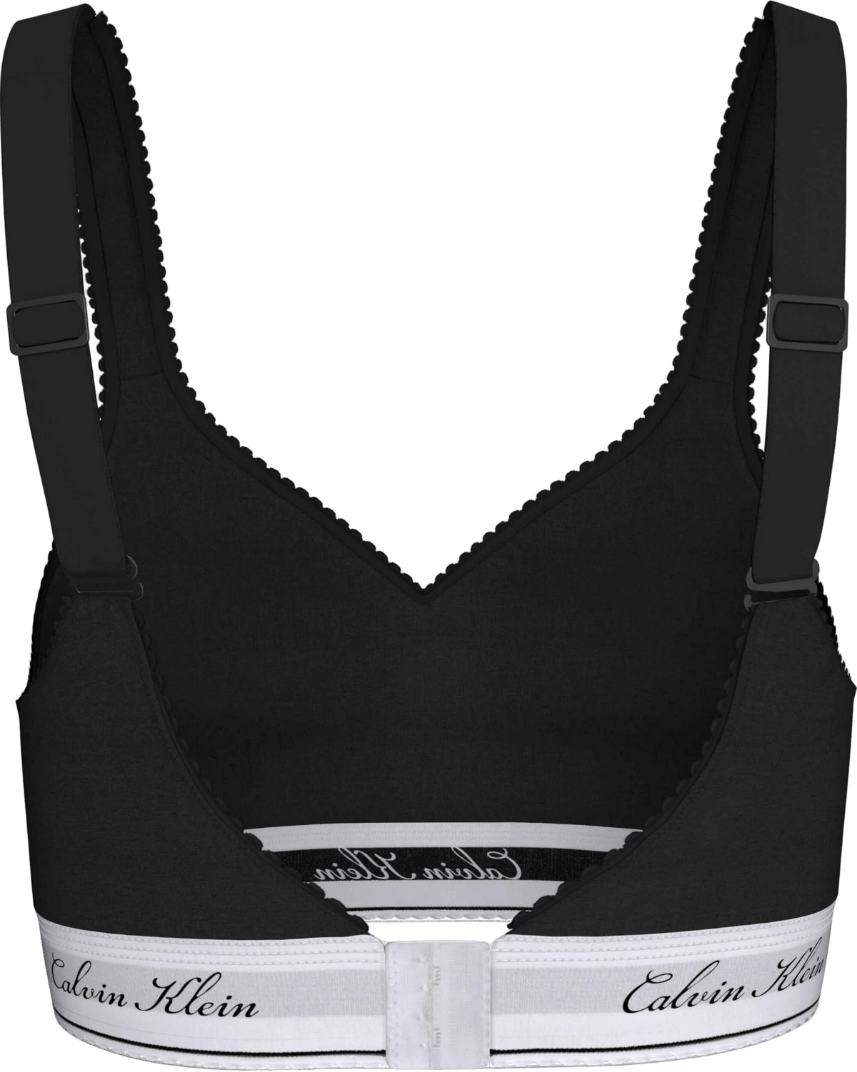 Bagfra set billede af en sort Calvin Klein 156449 – New Signature Logo UB1 Sort bralette med elastisk logokant og stropper.