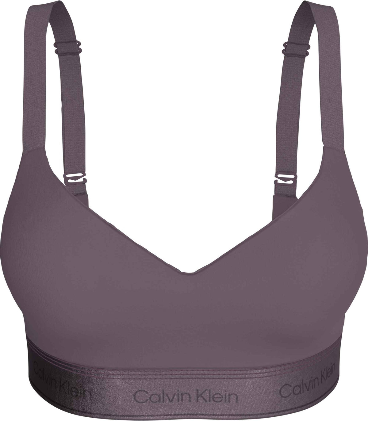 Mørk lilla Calvin Klein QF8870-bralette med justerbare stropper og et behageligt, elastisk underbånd med mærkelogo.