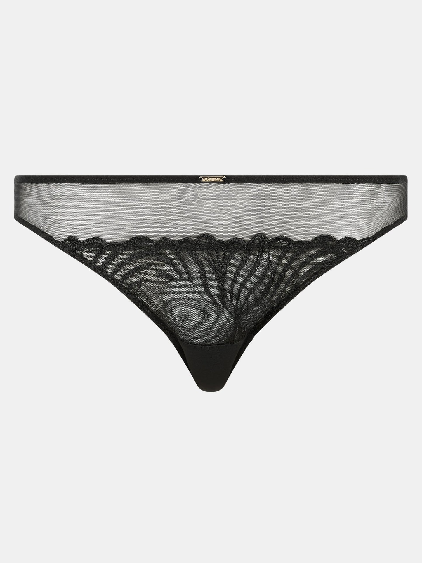 Chantelle Legend Black Sort trusse med gennemsigtigt net og bølget broderi, vist på en ensfarvet hvid baggrund.