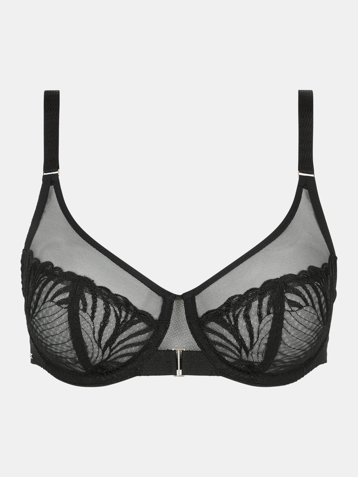 Chantelle 153824 Legend Black Sort: Sort bh med bøjler, gennemsigtigt net og blomsterblonder på skålene.
